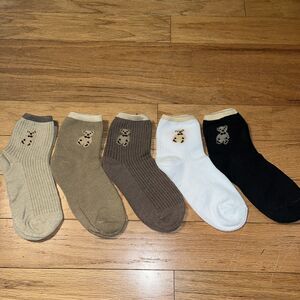 5 Pairs Teddy Bear Cute Socks White Beige Brown Black Set Low Cut